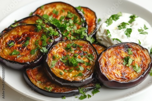 Fried eggplant with yogurt on a plate over white background. AI generated illustration.