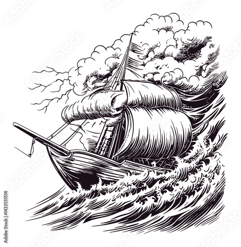 Dramatic Engraving of Ship Navigating Through Stormy Seas