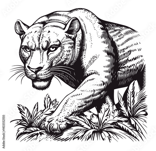 Detailed Engraving of a Lurking Panther in Nature Setting