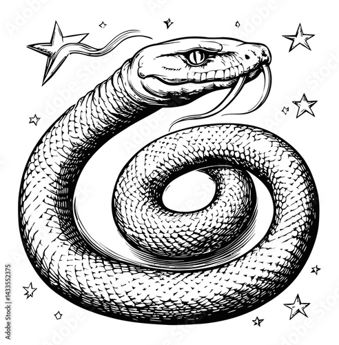 Detailed Engraving of a Snake with Stars in a Vintage Style