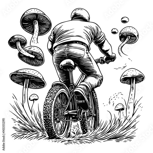 Biker Riding Through Surreal Mushroom Forest Illustration