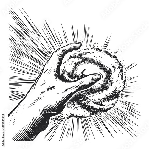 Detailed Hand Engraving of Hand Wiping a Dust Cloud Away