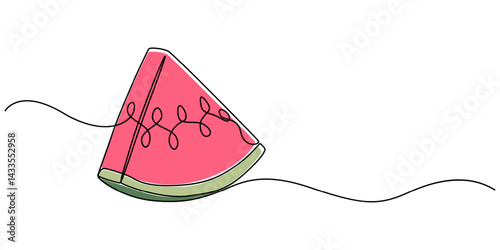 Continuous one line drawing Water Melon Fruit. Bright juicy summer fruit concept. Doodle vector illustration, Watermelon one continuous line design. Fruits symbol design concept. Decorative elements.