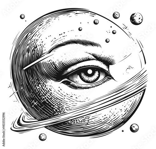 Engraving of an Eye Observing the Planet Saturn in Space