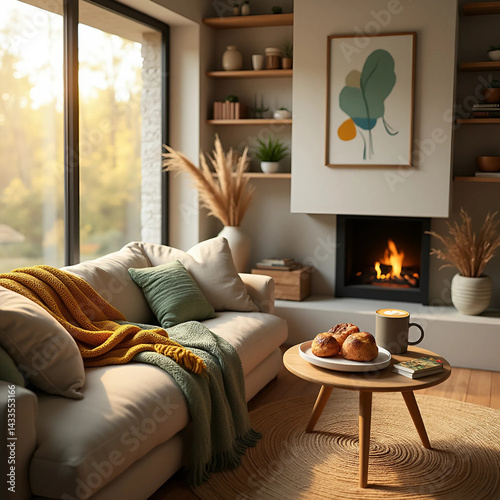 Cozy Scandinavian Living Room at Golden Hour Generate AI