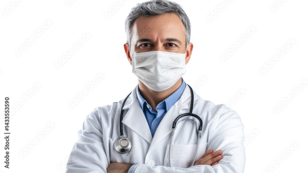 Confident doctor wearing protective mask and stethoscope on transparent background Confident doctor wearing protective mask and stethoscope on transparent background