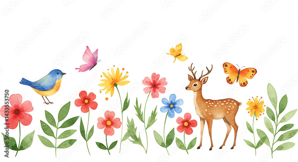 Fototapeta premium Watercolor Wildlife Border: Deer, Bird, Butterflies Among Colorful Flowers & Leaves, Isolated on Black Backdrop, Artistic Illustration for Springtime Designs & Nature-Themed Creations