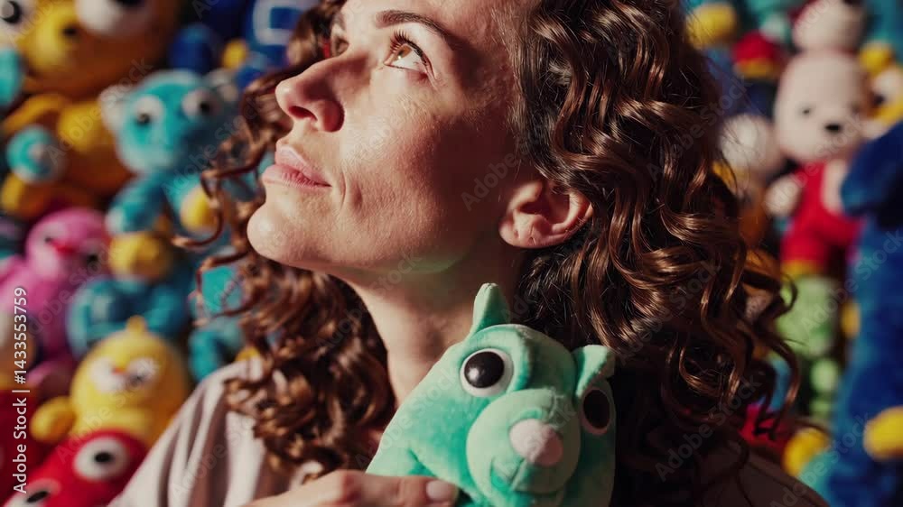 Woman immersed in colorful plush toy collection embracing a cuddly companion Woman immersed in colorful plush toy collection embracing a cuddly companion