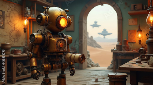 Steampunk Robot Explorer in a Deserted Workshop Generate AI