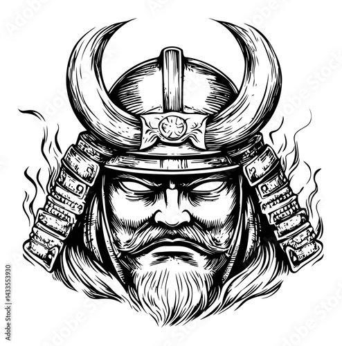 Intricate Engraving of a Fierce Samurai Warrior Face Design
