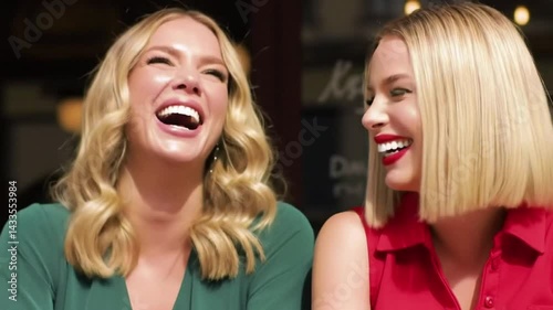 Two Happy Women Laughing Together Video Footage. Beautiful blonde female friends talking, smiling outdoors at cafe. Friendship lifestyle concept scene.
