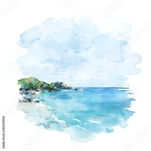 Beautiful Watercolor Seascape with Green Island and Blue Ocean Isolated Hand Drawn Watercolor Painting Illustration