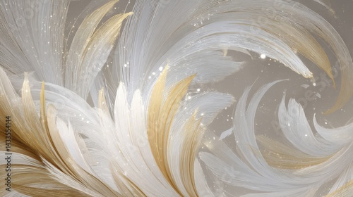 Elegant abstract illustration of flowing white and gold feathers, luxury and serenity concept. Perfect for backgrounds, wallpapers, and design elements.
