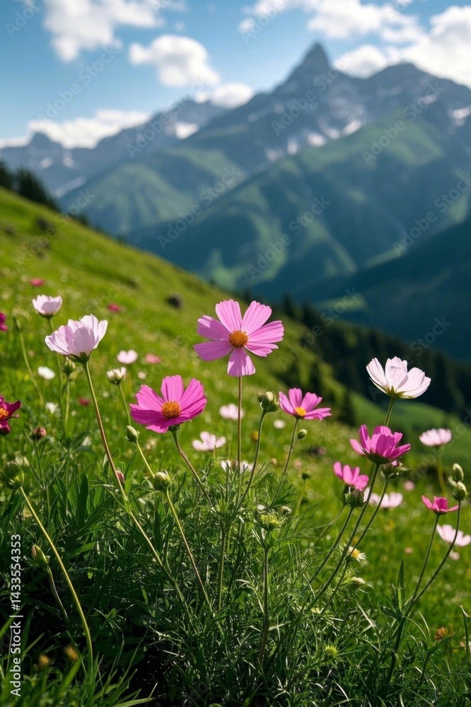 Fototapeta premium flowers in a field with mountains in the background