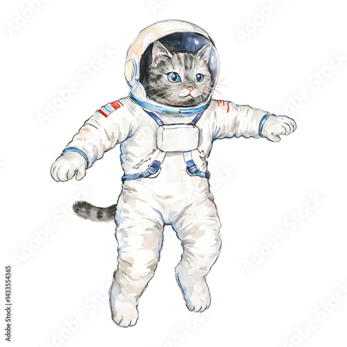 Cat Astronaut Floating in the Space Isolated Hand Drawn Watercolor Painting Illustration