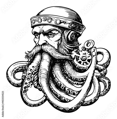 Intricate Engraving of a Bearded Male Figure with Octopus Tentacles