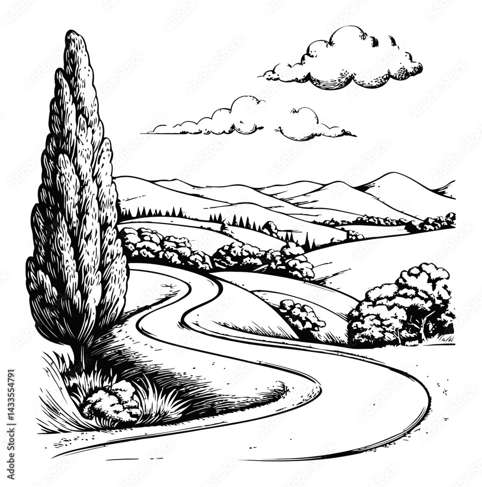 Obraz premium Serene Landscape Engraving with Road, Trees, and Rolling Hills