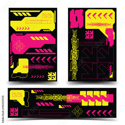 y2k 2000s scifi cyberpunk retro-futuristic layout template set dashboard for ux-ui application, 2d vector illustration 