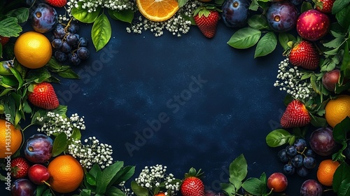A dark blue background with various fruits like oranges, strawberries, grapes, plums, and apples, along with green leaves and white small flowers photo