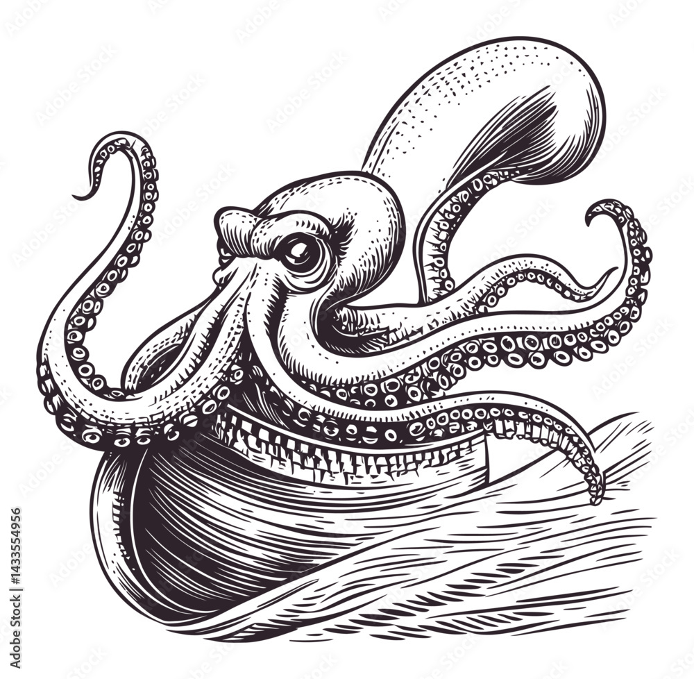 Obraz premium Detailed Black and White Engraving of an Impressive Octopus
