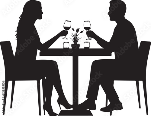 Couple Having Dinner Silhouette, Couple sitting in a restaurant, Romantic Dining Vector Silhouette.