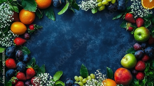 A dark blue background with various fruits like oranges, strawberries, grapes, plums, and apples, along with green leaves and white small flowers photo
