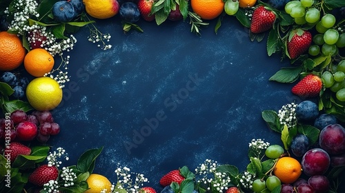 A dark blue background with various fruits like oranges, strawberries, grapes, plums, and apples, along with green leaves and white small flowers photo