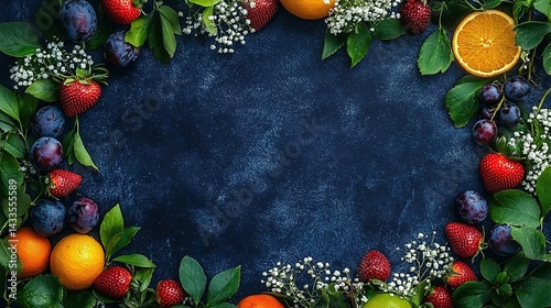 A dark blue background with various fruits like oranges, strawberries, grapes, plums, and apples, along with green leaves and white small flowers photo