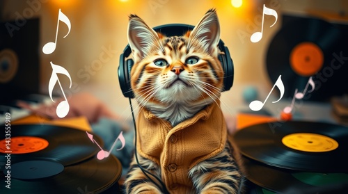 Cat DJ in Vest with Headphones and Vinyl Records, Enjoying Music Amidst Floating Notes