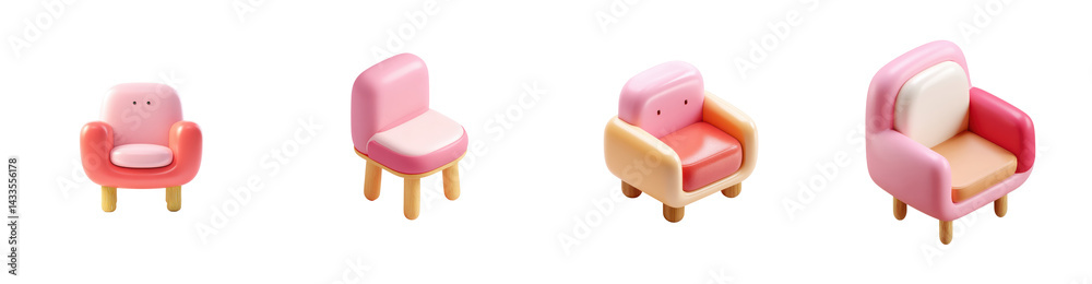 Fototapeta premium Adorable Pink Armchairs and Chairs Set Cartoon 3D Render for Kids Room Decor
