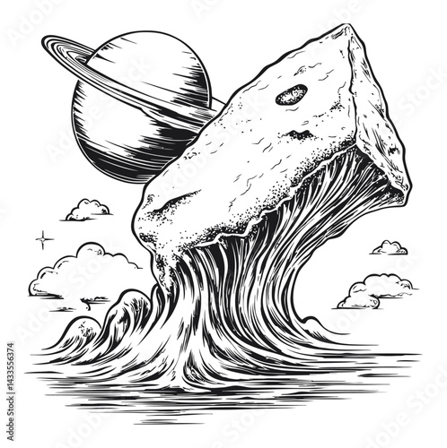 Artistic Engraving of a Rock and Saturn in a Surreal Landscape