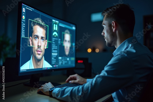 Man in security control center, watch CCTV cameras with AI face scanning. Male operator uses PC. Computer monitors and big digital screens with surveillance cameras video footage. AI
