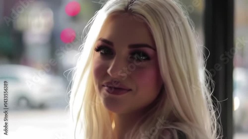 Blonde Woman Portrait Video Close-up City Background. Young female model with stylish makeup looking at camera outdoors with blurred street bokeh footage.