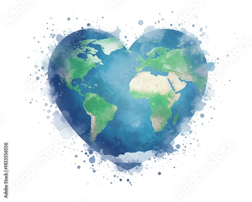 Heart-Shaped World Map Radiates Watercolor Style Love, Earth Day Concept for Posters, Banners, and Social Media Campaigns to Highlight Environmental Awareness
