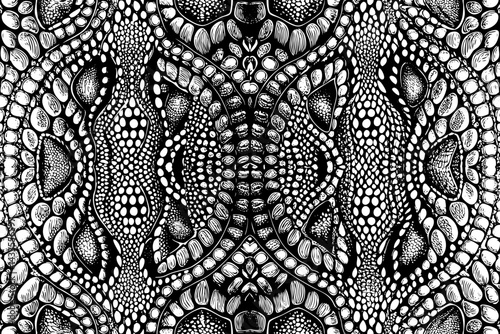 Intricate Symmetrical Reptile Skin Pattern in Black and White Vector