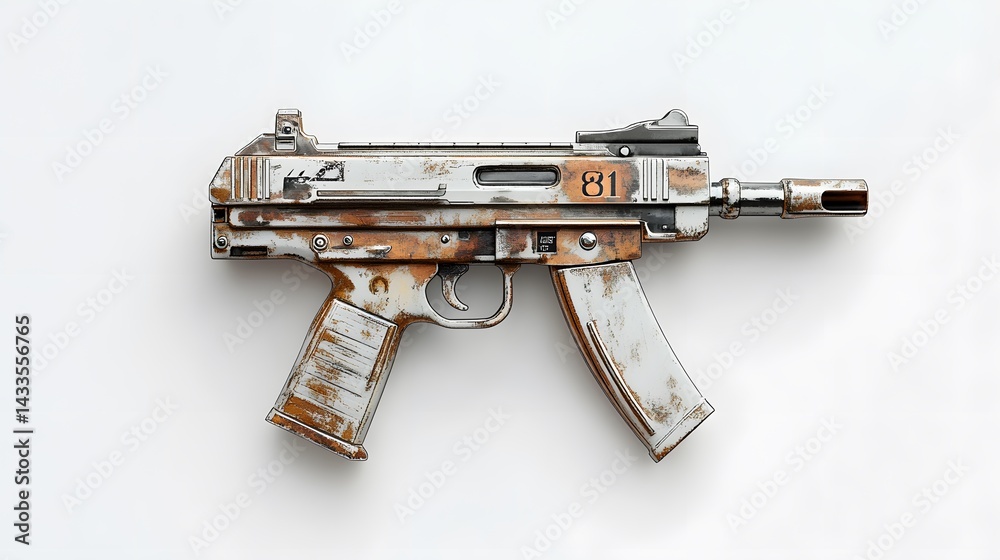 Rusted Submachine Gun with White Background.