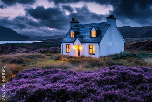 A white cottage with lit windows stands alone in a field of purple heather, bathed in the soft light of twilight
