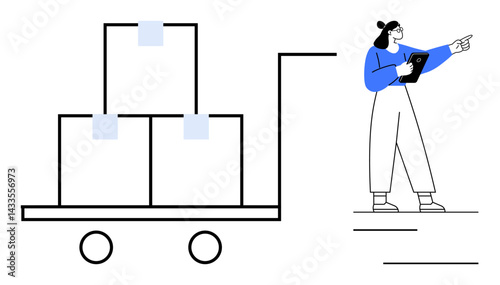 Worker holding clipboard directing operations near stack-loaded cart. Ideal for logistics, inventory, management, shipping, delivery, warehouse operations, simple landing page