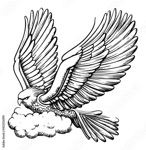 Detailed Engraving of an Illustrative Bird with Spreading Wings