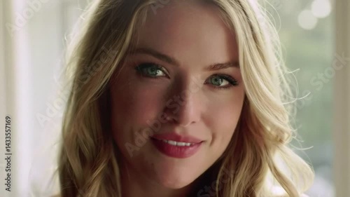 Beautiful Blonde Woman Portrait Video Close-up Footage. Attractive young female model face with natural makeup, looking at camera indoors by window light.