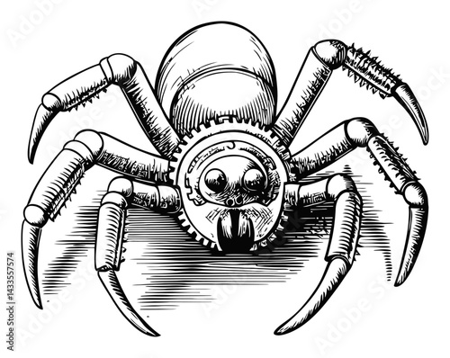 Detailed Engraving Illustration of a Mechanical Spider Design