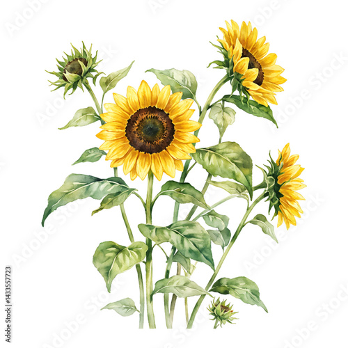 Blooming Yellow Sunflowers with Green Leaves Isolated Hand Drawn Watercolor Painting Illustration