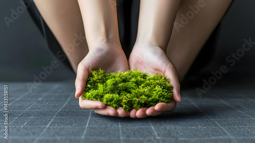 Hands Holding Small Green Moss Cluster On Dark Gray Floor