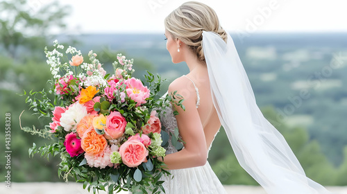 Back View Of A Bride Holding Colorful Bouquet With White Veil In A Scenic Outdoor Setting With Green Background