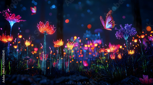 Glowing Flowers And Butterflies In A Pixelated Forest