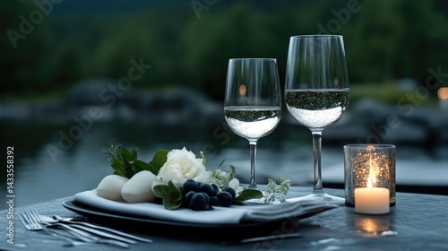 Romantic dinner setting by a tranquil waterside