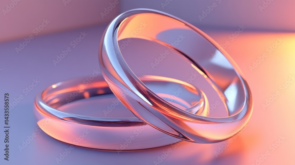 Two illuminated wedding bands resting in a soft colored setting Two illuminated wedding bands resting in a soft colored setting