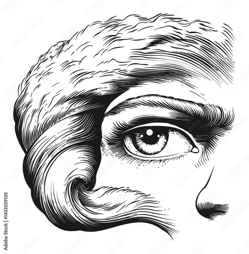 Fototapeta premium Engraving of Eye with Flowing Hair in Detailed Illustration Style