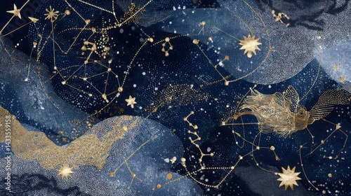 Elegant constellation illustration with gold stars and cosmic dust on dark blue background, celestial mystery concept. Perfect for astrology, astronomy, and spiritual themes. in flat design style