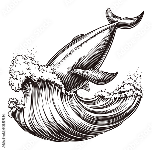 Detailed Engraving of a Breaching Whale Amidst Ocean Waves